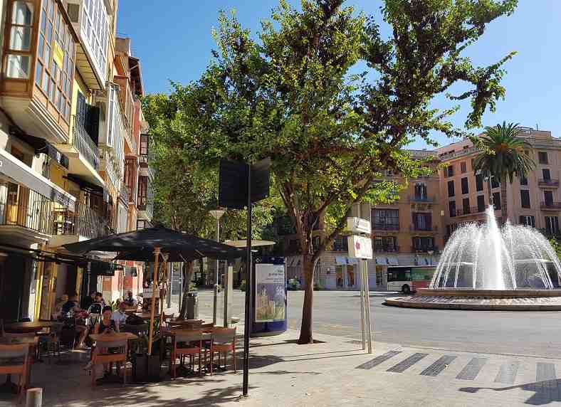 Blick-auf-den-Placa-de-la-Reina-Restaurant-Ombu-Palma-de-Mallorca